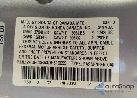 2013 Honda Civic Lx z USA, uszkodzony, nr VIN 2HGFG3B53DH510099